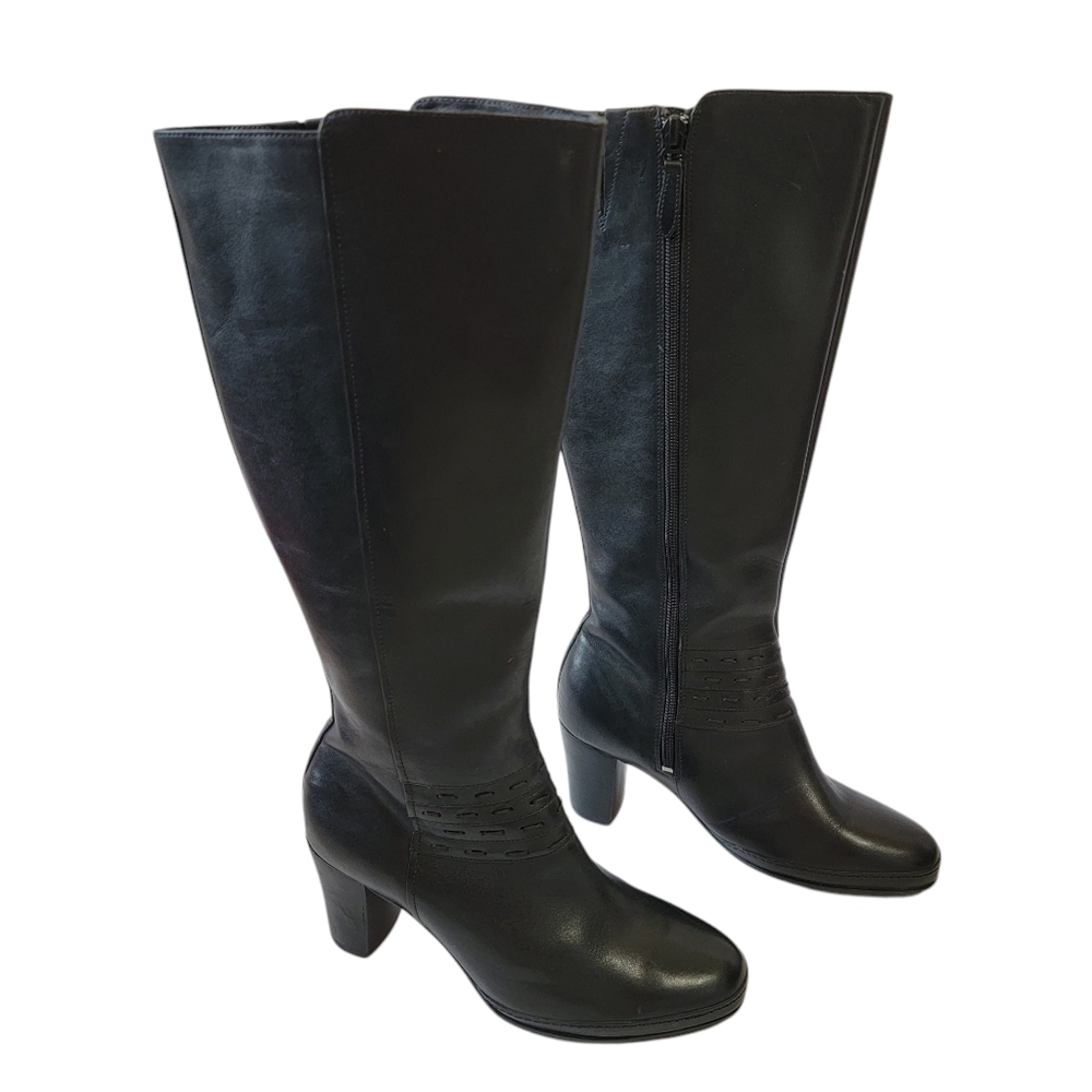 Artisan Black Leather Knee High Boots Size 6M Side Zip Minimalist Floral Lining